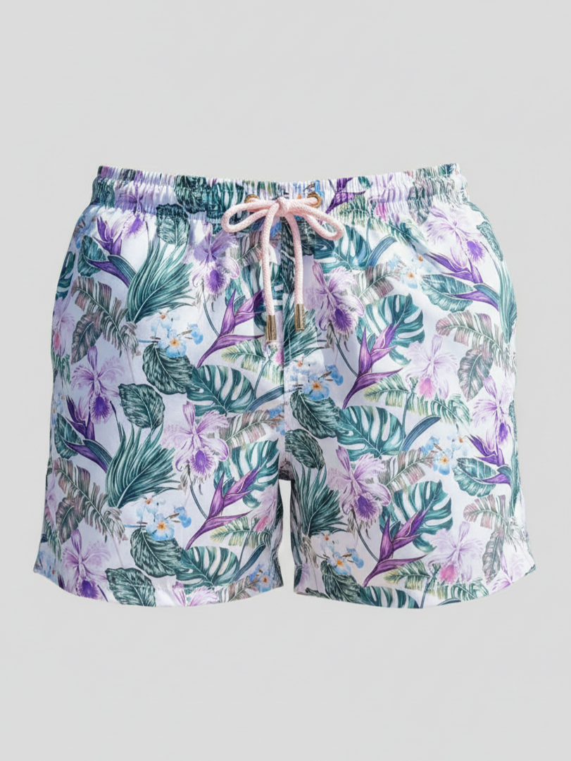 SHORTS ELASTIC FLORAL BRANCO E ROXO