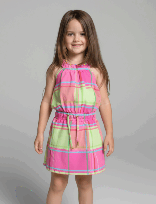 VESTIDO GOLA XADREZ ROSA/VERDE INFANTIL