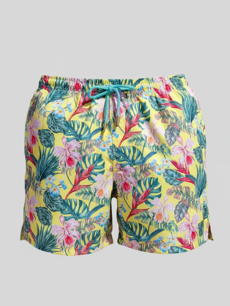 SHORTS ELASTIC FLORAL FUNDO AMARELO