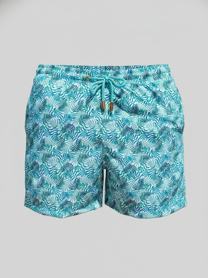 SHORTS ELASTIC FOLHA TURQUESA FUNDO BRANCO