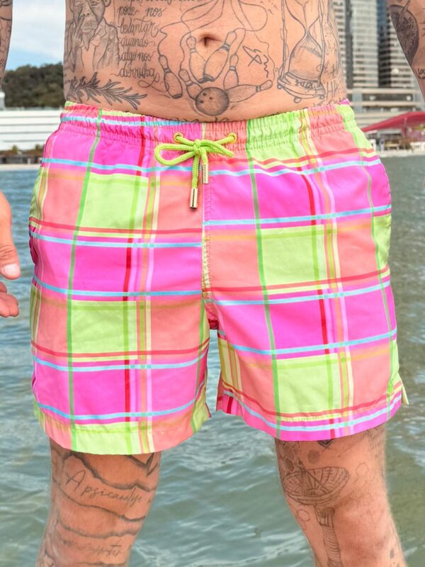 SHORT ELASTIC XADREZ ROSA/VERDE