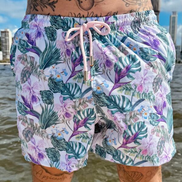 SHORT ELASTIC FLORAL BRANCO E ROXO