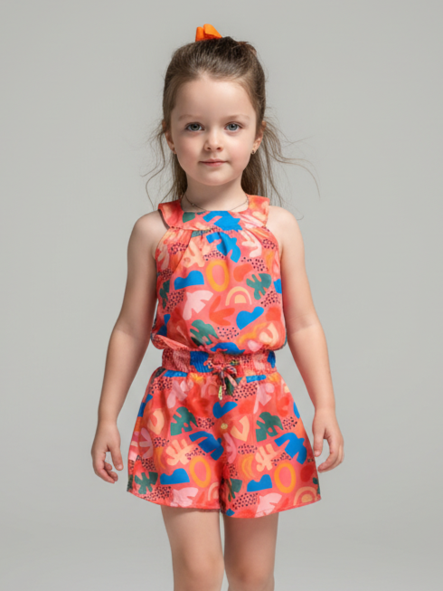VESTIDO GOLA FOLHAS ABSTRATO